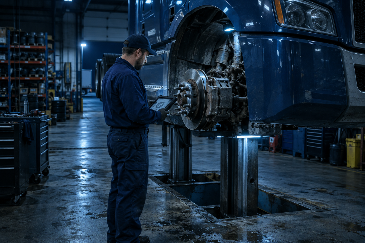A truck in a service bay while a technician verifies a repair